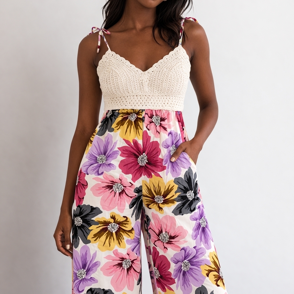 Crochet-Bodice Floral Wide-Leg Jumpsuit - Cream & Multi